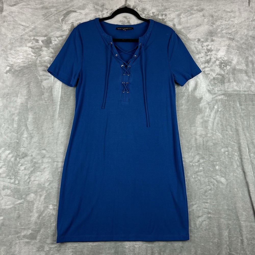 White House Black Market Shift T-Shirt Dress Women's M Blue Lace Up Neckline